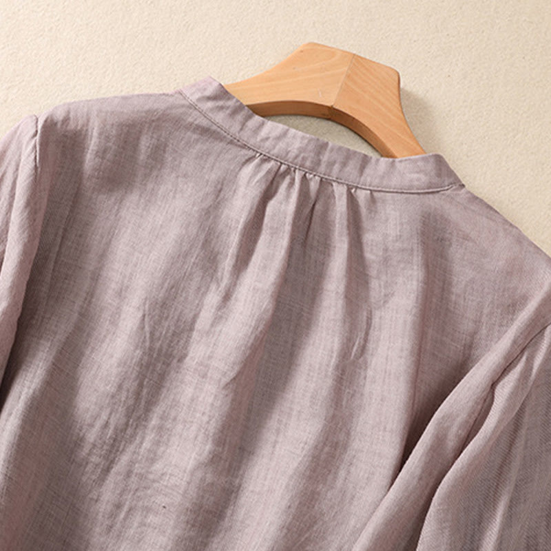 Buddha Stones Casual Codzienny Gładki Guzik Marszczony Wzór Kołnierz Stojący Damska Bawełniana Lniana Koszula Z Rękawem Trzy Czwartym Kardigan - image 3