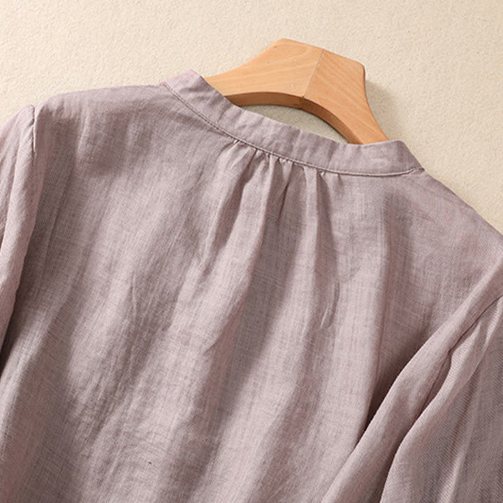 Buddha Stones Casual Codzienny Gładki Guzik Marszczony Wzór Kołnierz Stojący Damska Bawełniana Lniana Koszula Z Rękawem Trzy Czwartym Kardigan - image 3