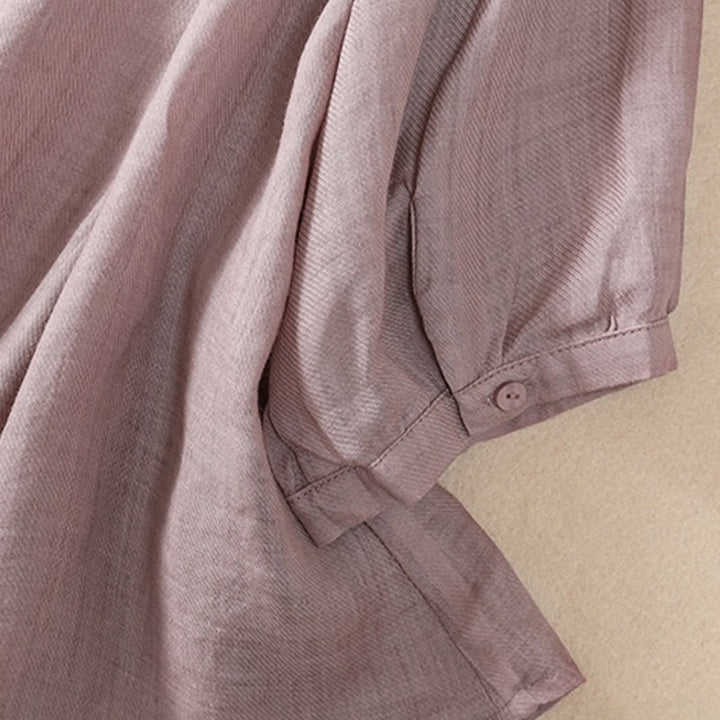 Buddha Stones Casual Codzienny Gładki Guzik Marszczony Wzór Kołnierz Stojący Damska Bawełniana Lniana Koszula Z Rękawem Trzy Czwartym Kardigan - image 4