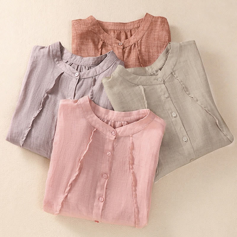 Buddha Stones Casual Codzienny Gładki Guzik Marszczony Wzór Kołnierz Stojący Damska Bawełniana Lniana Koszula Z Rękawem Trzy Czwartym Kardigan - image 31