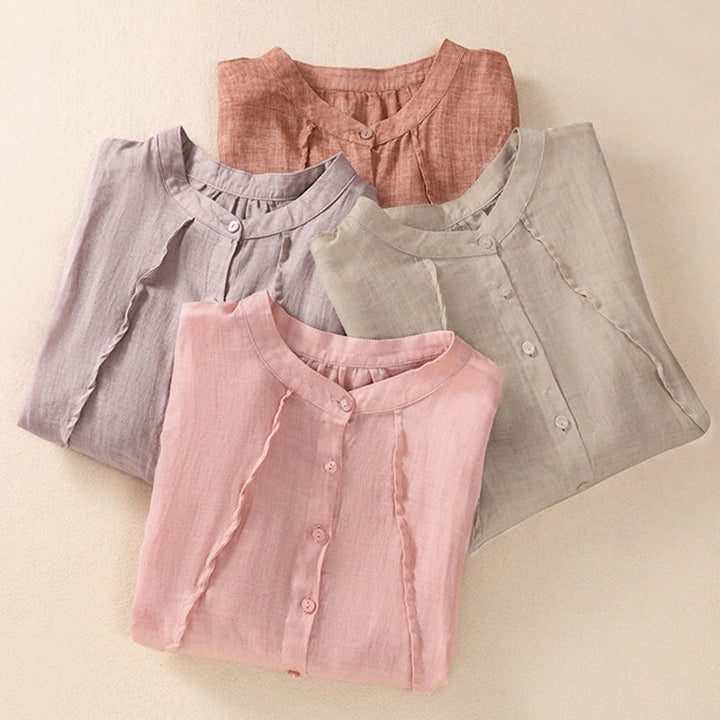 Buddha Stones Casual Codzienny Gładki Guzik Marszczony Wzór Kołnierz Stojący Damska Bawełniana Lniana Koszula Z Rękawem Trzy Czwartym Kardigan - image 31