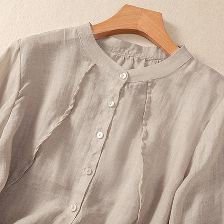 Buddha Stones Casual Codzienny Gładki Guzik Marszczony Wzór Kołnierz Stojący Damska Bawełniana Lniana Koszula Z Rękawem Trzy Czwartym Kardigan - image 9