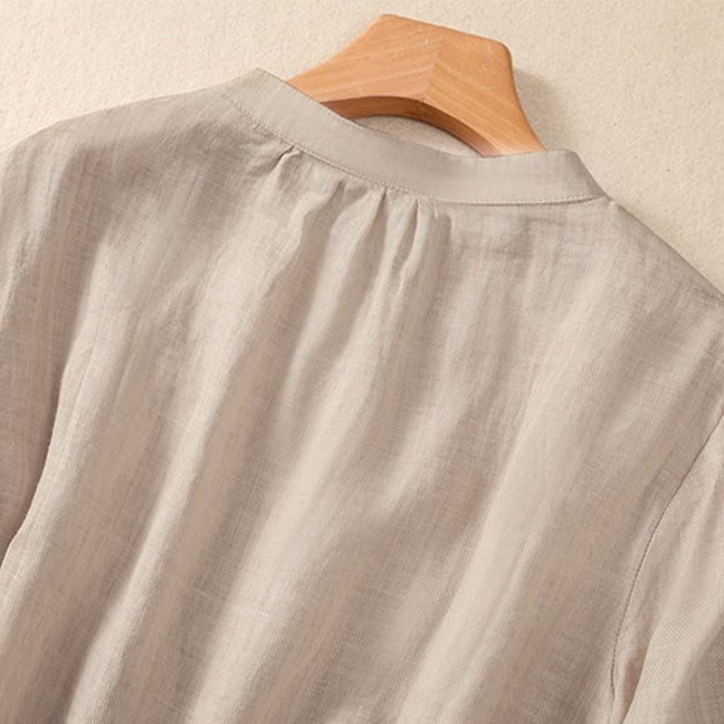 Buddha Stones Casual Codzienny Gładki Guzik Marszczony Wzór Kołnierz Stojący Damska Bawełniana Lniana Koszula Z Rękawem Trzy Czwartym Kardigan - image 11