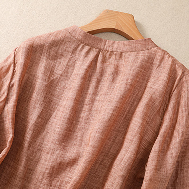 Buddha Stones Casual Codzienny Gładki Guzik Marszczony Wzór Kołnierz Stojący Damska Bawełniana Lniana Koszula Z Rękawem Trzy Czwartym Kardigan - image 18