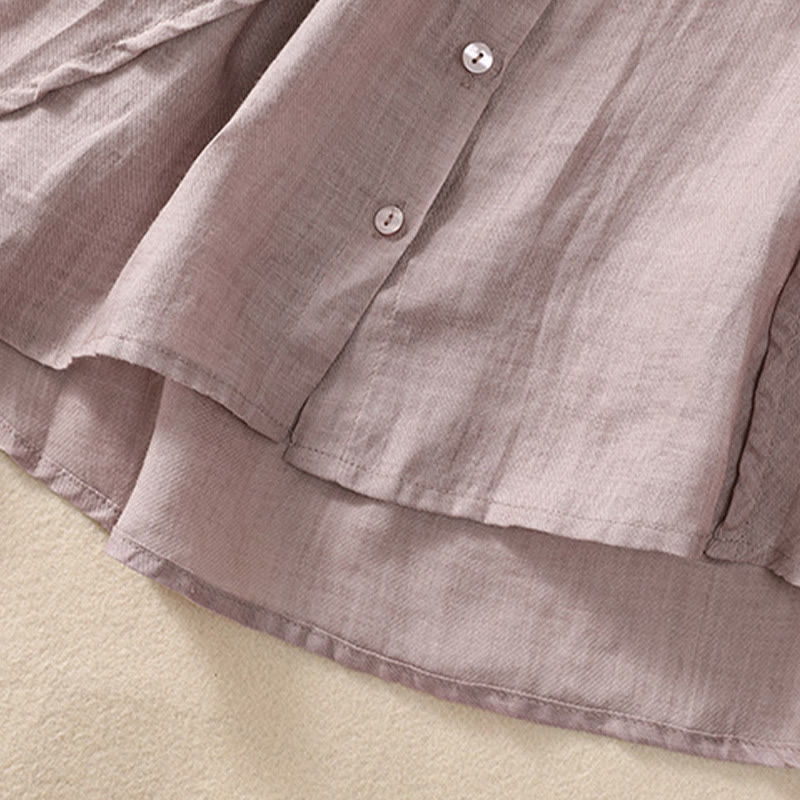 Buddha Stones Casual Codzienny Gładki Guzik Marszczony Wzór Kołnierz Stojący Damska Bawełniana Lniana Koszula Z Rękawem Trzy Czwartym Kardigan - image 6