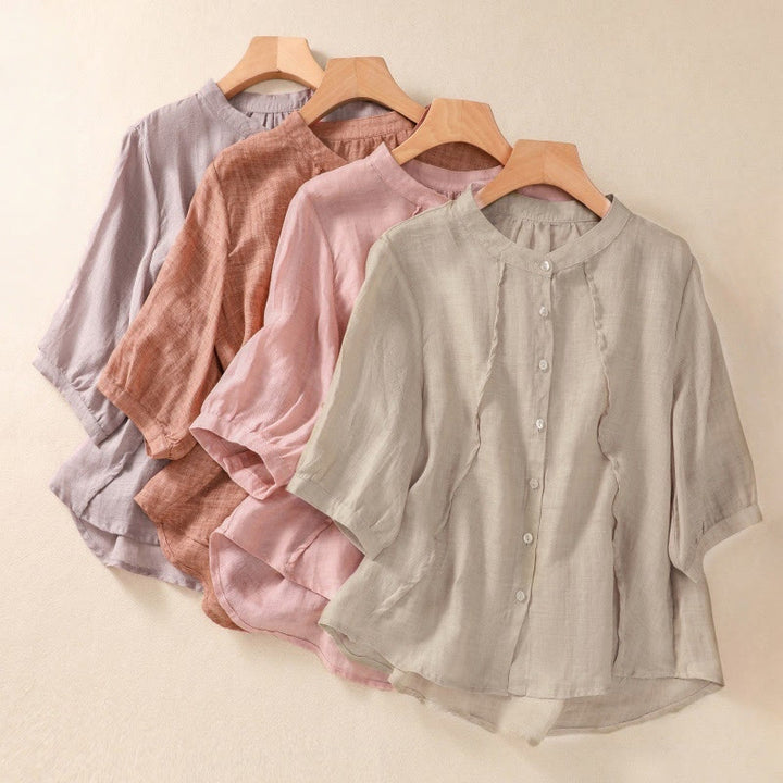 Buddha Stones Casual Codzienny Gładki Guzik Marszczony Wzór Kołnierz Stojący Damska Bawełniana Lniana Koszula Z Rękawem Trzy Czwartym Kardigan - image 32