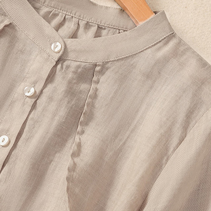 Buddha Stones Casual Codzienny Gładki Guzik Marszczony Wzór Kołnierz Stojący Damska Bawełniana Lniana Koszula Z Rękawem Trzy Czwartym Kardigan - image 10