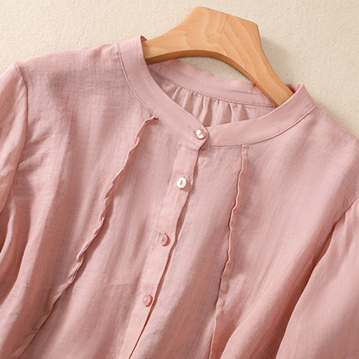 Buddha Stones Casual Codzienny Gładki Guzik Marszczony Wzór Kołnierz Stojący Damska Bawełniana Lniana Koszula Z Rękawem Trzy Czwartym Kardigan - image 24