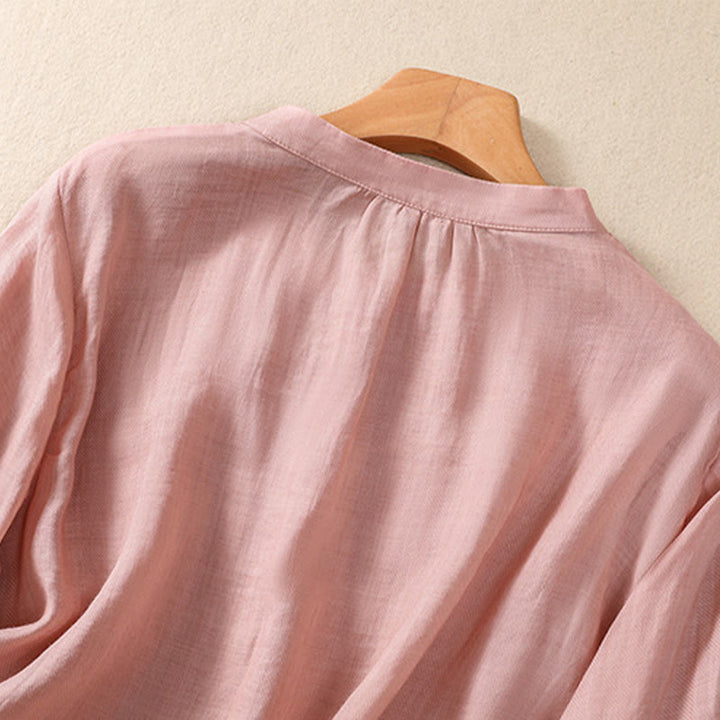 Buddha Stones Casual Codzienny Gładki Guzik Marszczony Wzór Kołnierz Stojący Damska Bawełniana Lniana Koszula Z Rękawem Trzy Czwartym Kardigan - image 26