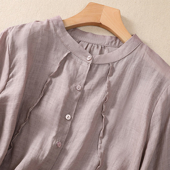 Buddha Stones Casual Codzienny Gładki Guzik Marszczony Wzór Kołnierz Stojący Damska Bawełniana Lniana Koszula Z Rękawem Trzy Czwartym Kardigan - image 2