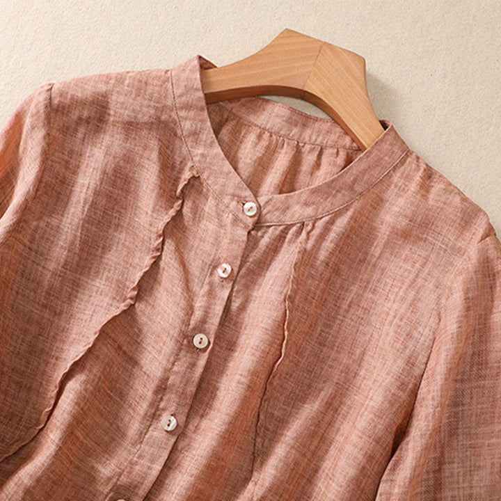 Buddha Stones Casual Codzienny Gładki Guzik Marszczony Wzór Kołnierz Stojący Damska Bawełniana Lniana Koszula Z Rękawem Trzy Czwartym Kardigan - image 17