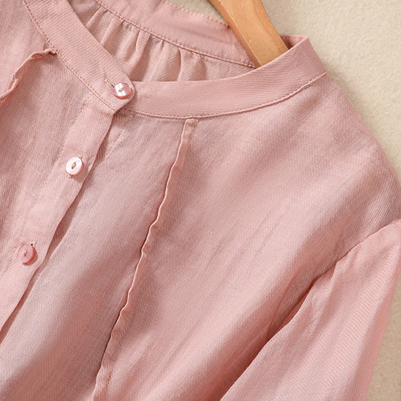 Buddha Stones Casual Codzienny Gładki Guzik Marszczony Wzór Kołnierz Stojący Damska Bawełniana Lniana Koszula Z Rękawem Trzy Czwartym Kardigan - image 25