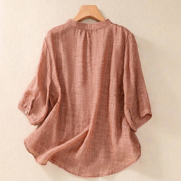 Buddha Stones Casual Codzienny Gładki Guzik Marszczony Wzór Kołnierz Stojący Damska Bawełniana Lniana Koszula Z Rękawem Trzy Czwartym Kardigan - image 16