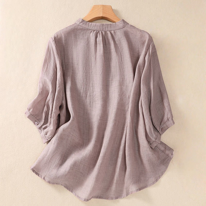 Buddha Stones Casual Codzienny Gładki Guzik Marszczony Wzór Kołnierz Stojący Damska Bawełniana Lniana Koszula Z Rękawem Trzy Czwartym Kardigan - image 1