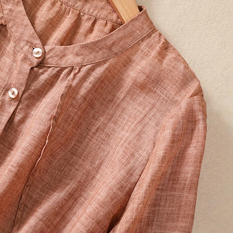 Buddha Stones Casual Codzienny Gładki Guzik Marszczony Wzór Kołnierz Stojący Damska Bawełniana Lniana Koszula Z Rękawem Trzy Czwartym Kardigan - image 19