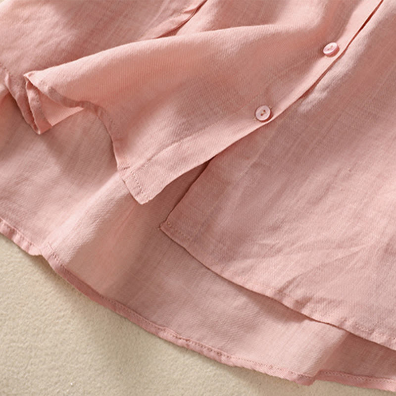 Buddha Stones Casual Codzienny Gładki Guzik Marszczony Wzór Kołnierz Stojący Damska Bawełniana Lniana Koszula Z Rękawem Trzy Czwartym Kardigan - image 30