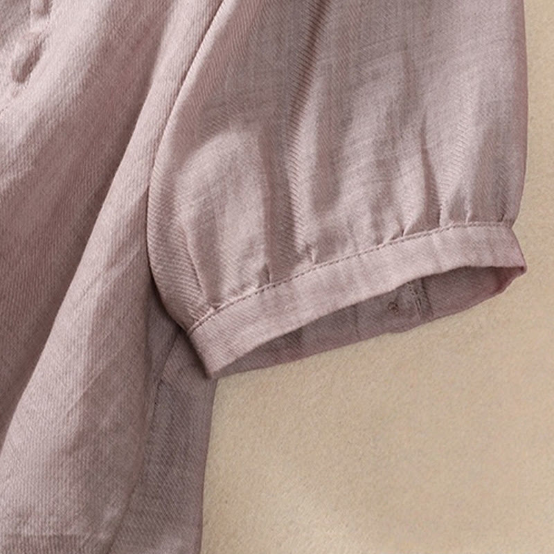 Buddha Stones Casual Codzienny Gładki Guzik Marszczony Wzór Kołnierz Stojący Damska Bawełniana Lniana Koszula Z Rękawem Trzy Czwartym Kardigan - image 5