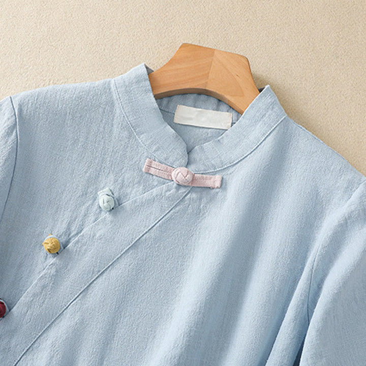 Buddha Stones Casual Plain Slant Stand Collar Collar Kolorowy Żabkowy Guzik Tang Suit Damska Bawełniana Lniana Koszula z Rękawem Trzy Czwarte Kardigan - image 17