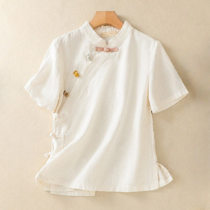 Buddha Stones Casual Plain Slant Stand Collar Collar Kolorowy Żabkowy Guzik Tang Suit Damska Bawełniana Lniana Koszula z Rękawem Trzy Czwarte Kardigan - Beżowy - US8-10，UK/AU12-14，EU40-42 (2XL) - image 7