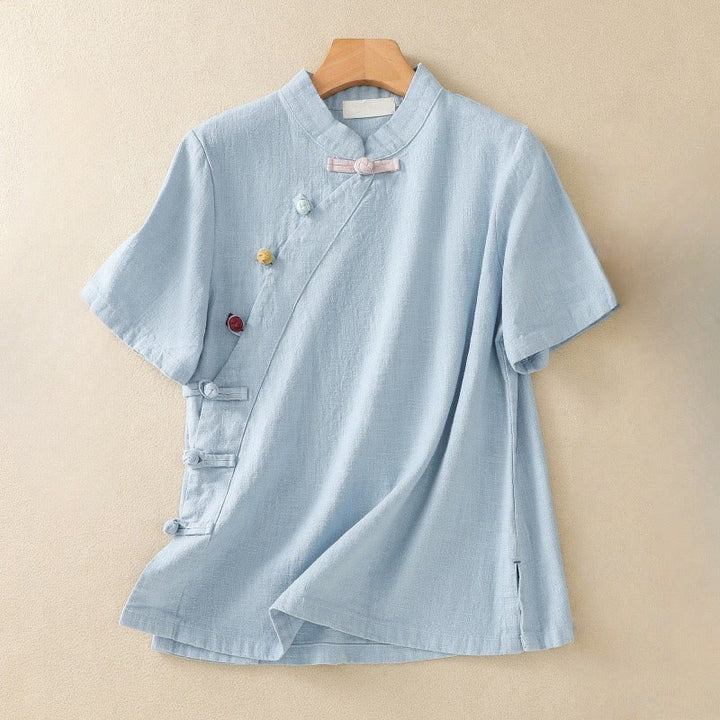 Buddha Stones Casual Plain Slant Stand Collar Collar Kolorowy Żabkowy Guzik Tang Suit Damska Bawełniana Lniana Koszula z Rękawem Trzy Czwarte Kardigan - LightSkyBlue - US8-10，UK/AU12-14，EU40-42 (2XL) - image 15
