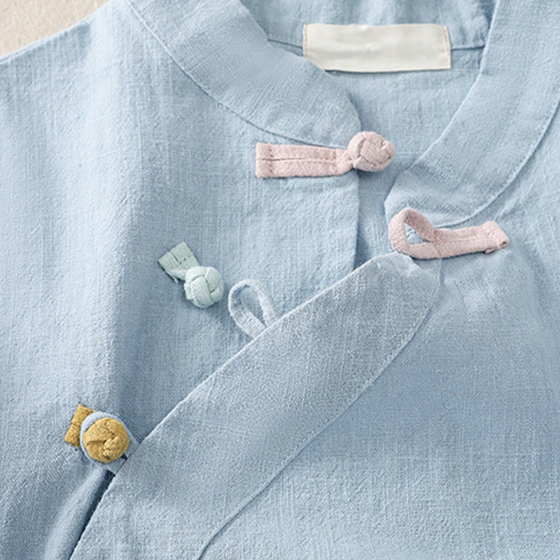 Buddha Stones Casual Plain Slant Stand Collar Collar Kolorowy Żabkowy Guzik Tang Suit Damska Bawełniana Lniana Koszula z Rękawem Trzy Czwarte Kardigan - image 19