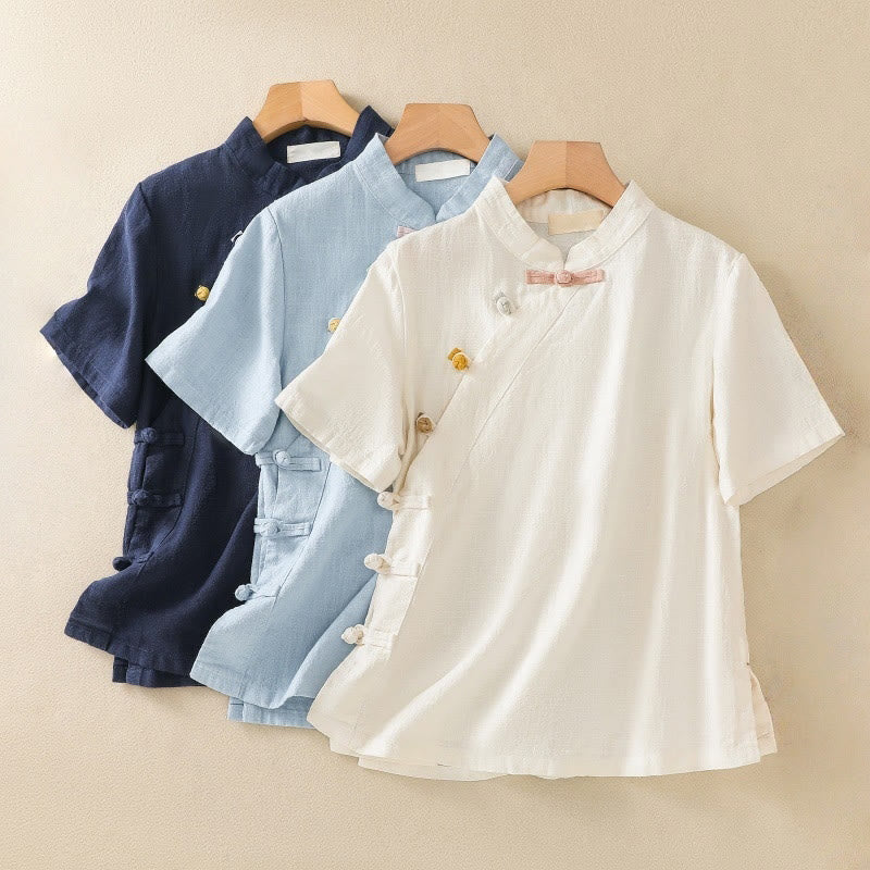 Buddha Stones Casual Plain Slant Stand Collar Collar Kolorowy Żabkowy Guzik Tang Suit Damska Bawełniana Lniana Koszula z Rękawem Trzy Czwarte Kardigan - image 24