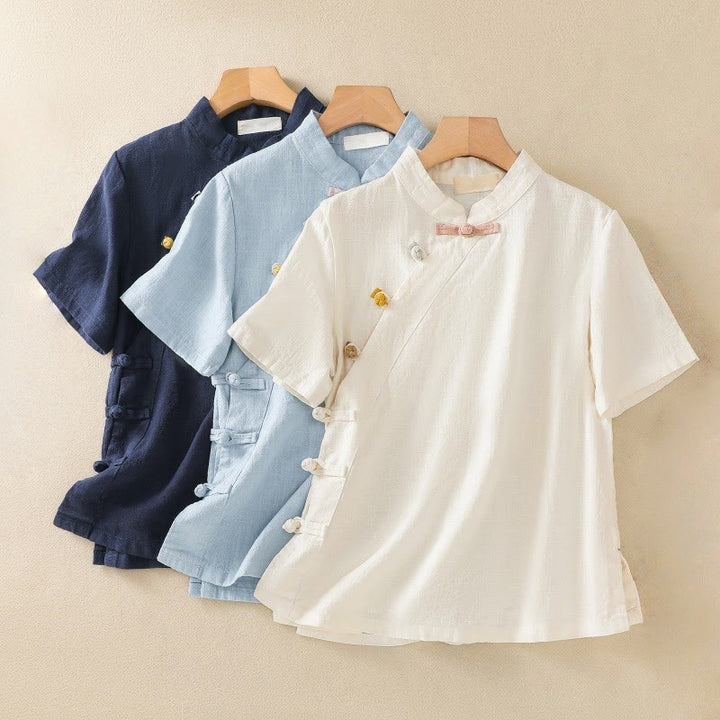 Buddha Stones Casual Plain Slant Stand Collar Collar Kolorowy Żabkowy Guzik Tang Suit Damska Bawełniana Lniana Koszula z Rękawem Trzy Czwarte Kardigan - image 24