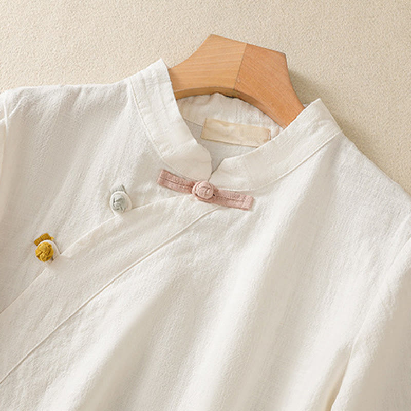 Buddha Stones Casual Plain Slant Stand Collar Collar Kolorowy Żabkowy Guzik Tang Suit Damska Bawełniana Lniana Koszula z Rękawem Trzy Czwarte Kardigan - image 9