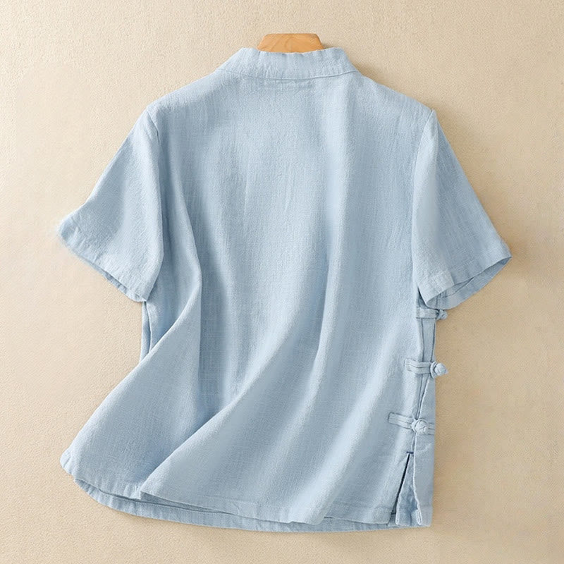 Buddha Stones Casual Plain Slant Stand Collar Collar Kolorowy Żabkowy Guzik Tang Suit Damska Bawełniana Lniana Koszula z Rękawem Trzy Czwarte Kardigan - image 16