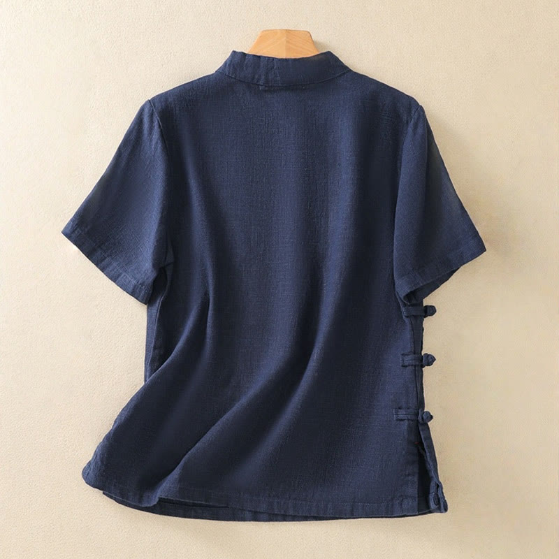 Buddha Stones Casual Plain Slant Stand Collar Collar Kolorowy Żabkowy Guzik Tang Suit Damska Bawełniana Lniana Koszula z Rękawem Trzy Czwarte Kardigan - image 1