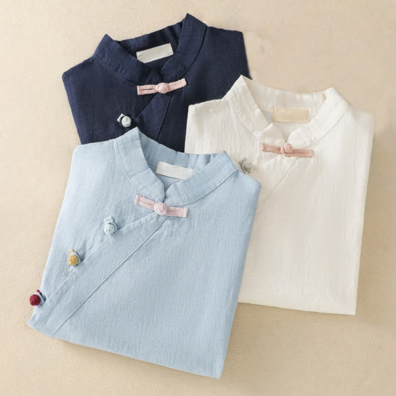 Buddha Stones Casual Plain Slant Stand Collar Collar Kolorowy Żabkowy Guzik Tang Suit Damska Bawełniana Lniana Koszula z Rękawem Trzy Czwarte Kardigan - image 25