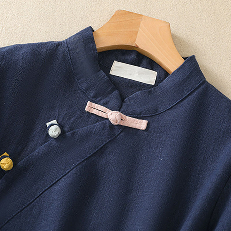 Buddha Stones Casual Plain Slant Stand Collar Collar Kolorowy Żabkowy Guzik Tang Suit Damska Bawełniana Lniana Koszula z Rękawem Trzy Czwarte Kardigan - image 3