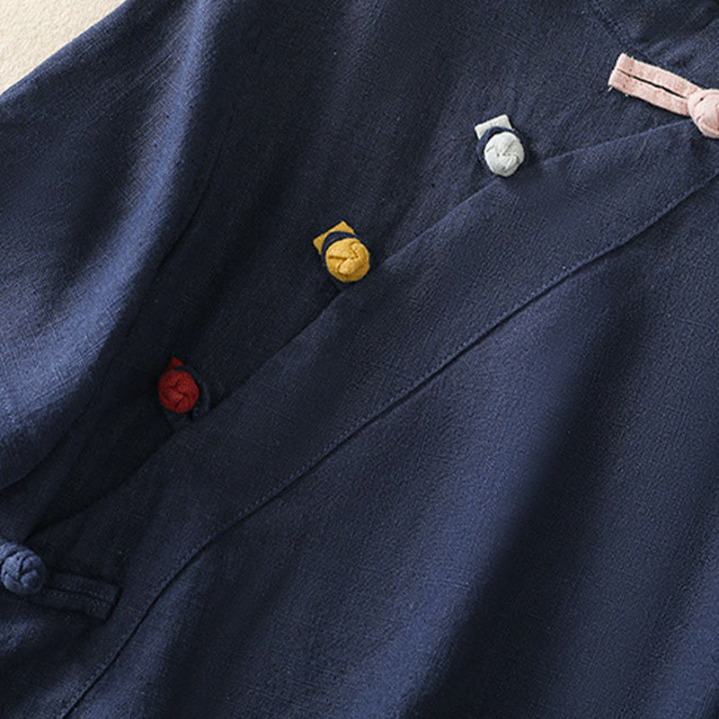 Buddha Stones Casual Plain Slant Stand Collar Collar Kolorowy Żabkowy Guzik Tang Suit Damska Bawełniana Lniana Koszula z Rękawem Trzy Czwarte Kardigan - image 2