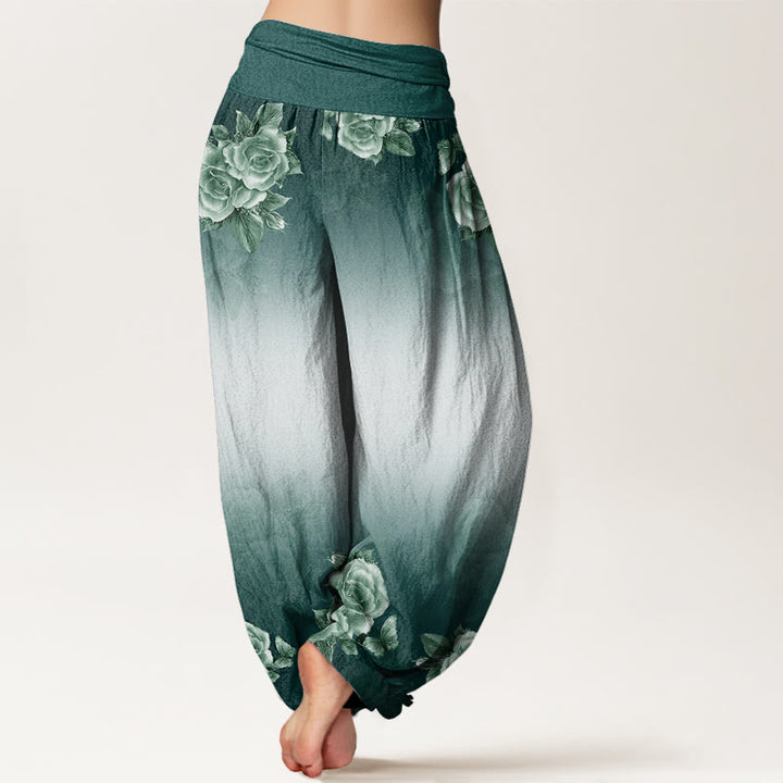 Buddha Stones Casual Róże Liście Wzór Damskie Spodnie Harem Elastyczna Talia - image 3