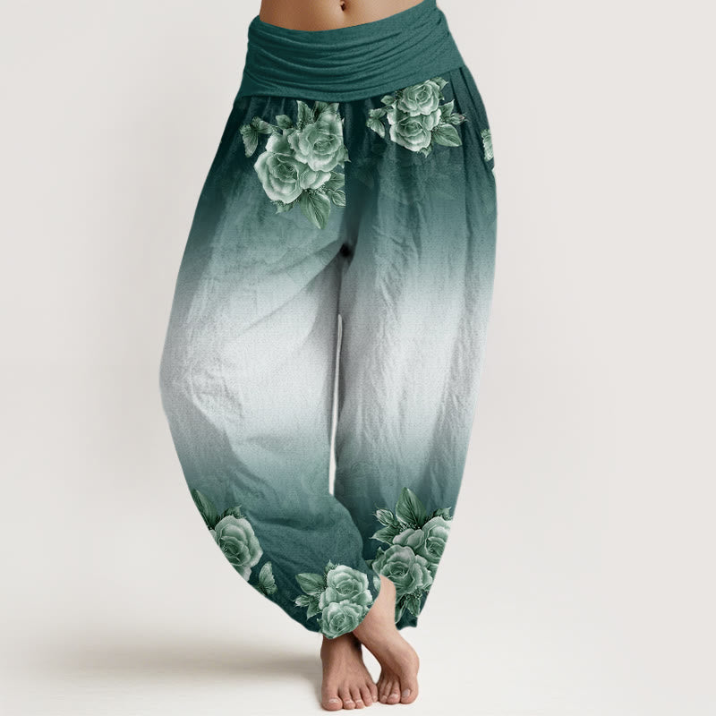 Buddha Stones Casual Róże Liście Wzór Damskie Spodnie Harem Elastyczna Talia - ForestGreen - US22, UK/AU26, EU54 (6XL) - image 1