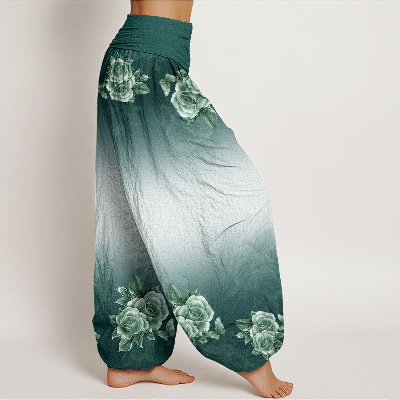 Buddha Stones Casual Róże Liście Wzór Damskie Spodnie Harem Elastyczna Talia - image 2