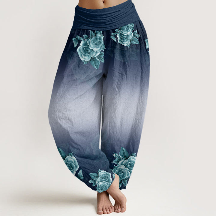 Buddha Stones Casual Róże Liście Wzór Damskie Spodnie Harem Elastyczna Talia - Ciemnoniebieski - US22, UK/AU26, EU54 (6XL) - image 5