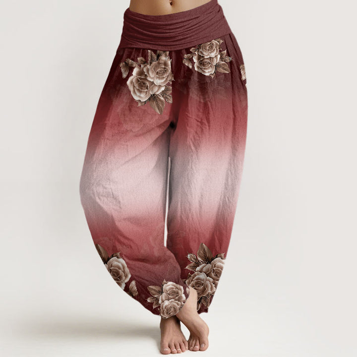 Buddha Stones Casual Róże Liście Wzór Damskie Spodnie Harem Elastyczna Talia - Cegła ogniotrwała - US22, UK/AU26, EU54 (6XL) - image 8