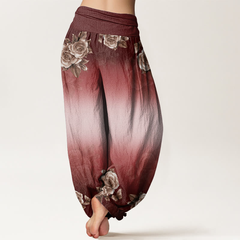 Buddha Stones Casual Róże Liście Wzór Damskie Spodnie Harem Elastyczna Talia - image 10
