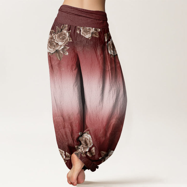 Buddha Stones Casual Róże Liście Wzór Damskie Spodnie Harem Elastyczna Talia - image 10