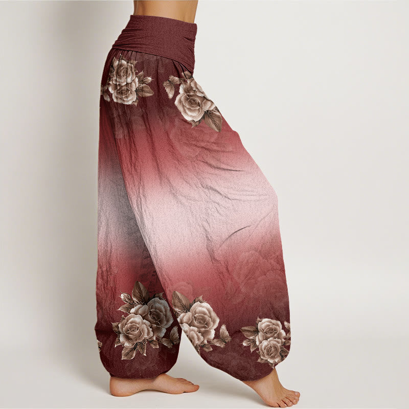 Buddha Stones Casual Róże Liście Wzór Damskie Spodnie Harem Elastyczna Talia - image 9