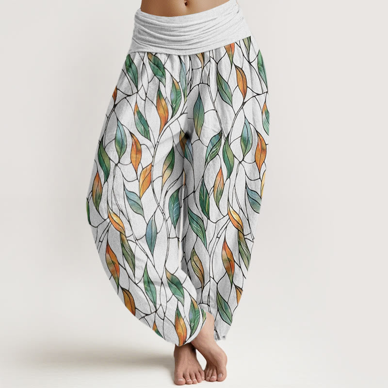 Buddha Stones Casual Delikatny Kolorowy Wzór Liści Damskie Spodnie Harem Elastyczna Talia - Śnieg - US22, UK/AU26, EU54 (6XL) - image 1