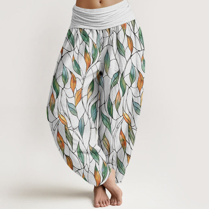 Buddha Stones Casual Delikatny Kolorowy Wzór Liści Damskie Spodnie Harem Elastyczna Talia - Śnieg - US22, UK/AU26, EU54 (6XL) - image 1