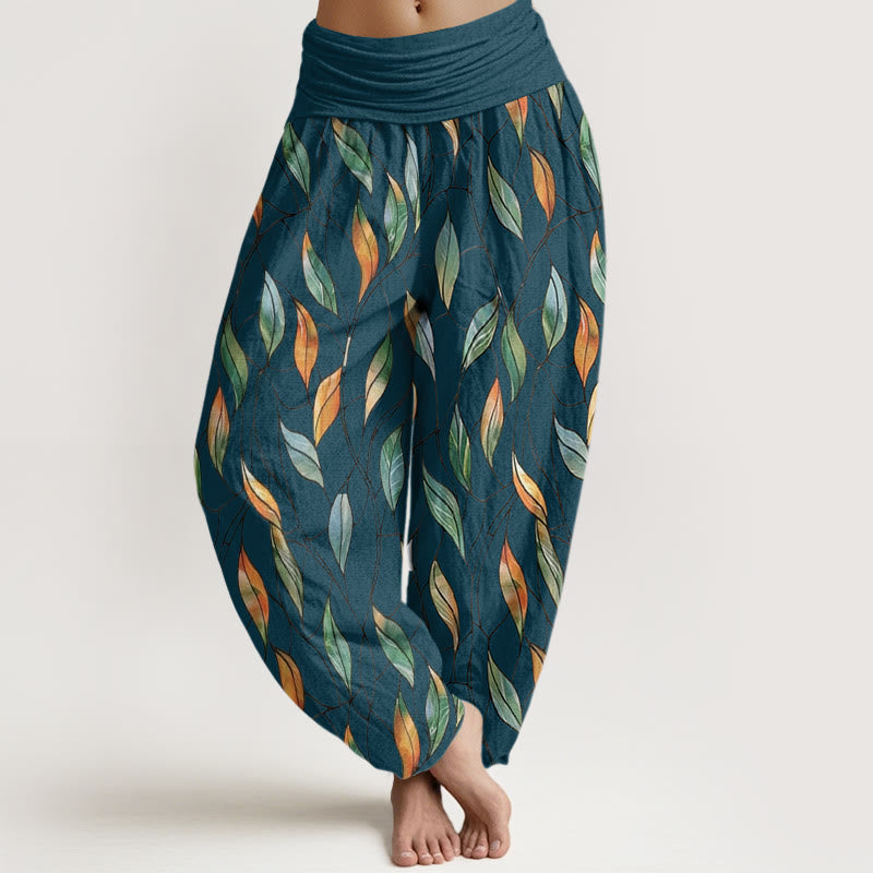 Buddha Stones Casual Delikatny Kolorowy Wzór Liści Damskie Spodnie Harem Elastyczna Talia - Ciemnocyjanowy - US22, UK/AU26, EU54 (6XL) - image 5
