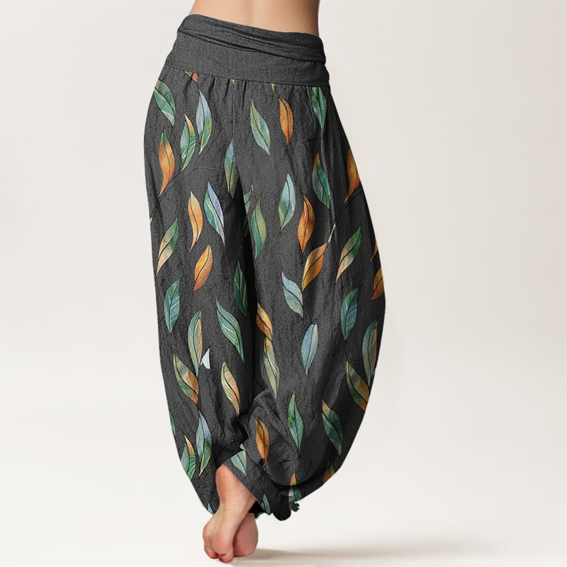Buddha Stones Casual Delikatny Kolorowy Wzór Liści Damskie Spodnie Harem Elastyczna Talia - image 10