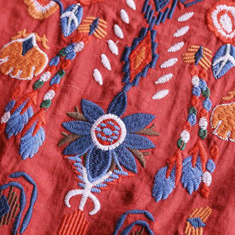 Buddha Stones Retro Artystyczny Haft Kwiatowy Wzór Okrągły Dekolt Damska Bawełniana Lniana Krótki Rękaw T-shirt - image 10