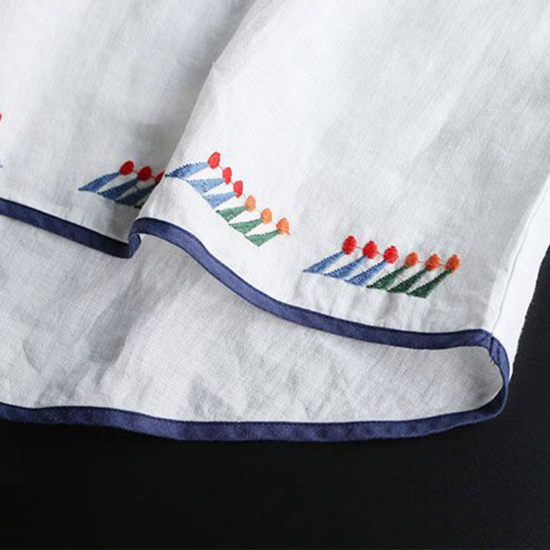 Buddha Stones Retro Artystyczny Haft Kwiatowy Wzór Okrągły Dekolt Damska Bawełniana Lniana Krótki Rękaw T-shirt - image 7