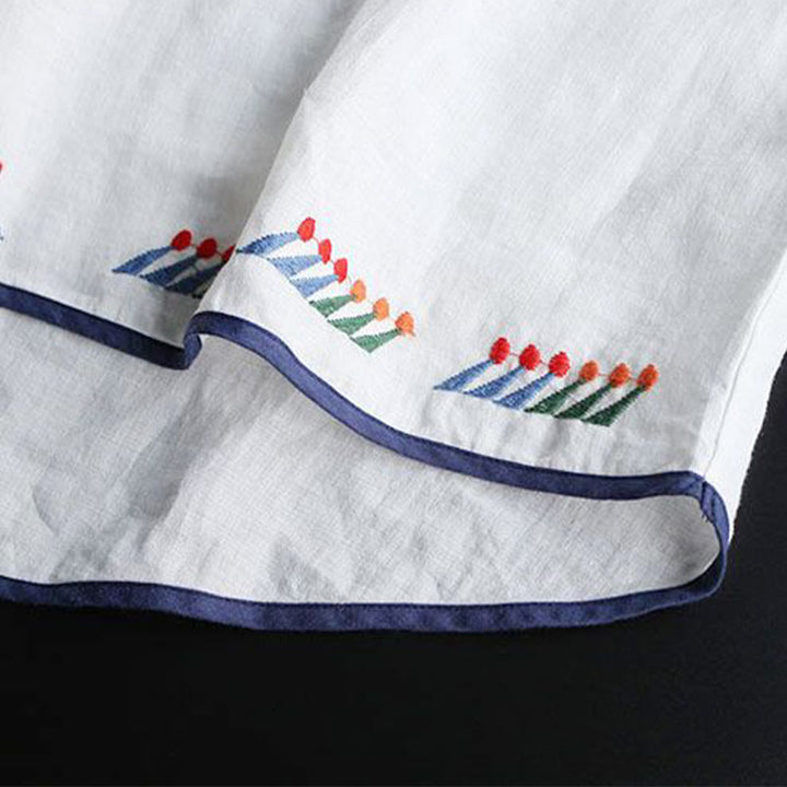 Buddha Stones Retro Artystyczny Haft Kwiatowy Wzór Okrągły Dekolt Damska Bawełniana Lniana Krótki Rękaw T-shirt - image 7