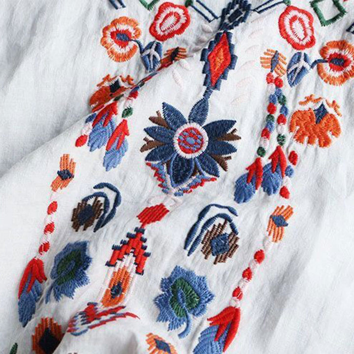 Buddha Stones Retro Artystyczny Haft Kwiatowy Wzór Okrągły Dekolt Damska Bawełniana Lniana Krótki Rękaw T-shirt - image 6