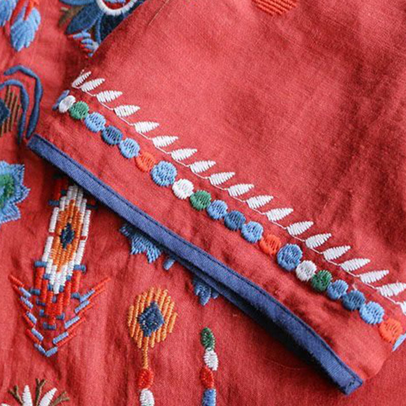 Buddha Stones Retro Artystyczny Haft Kwiatowy Wzór Okrągły Dekolt Damska Bawełniana Lniana Krótki Rękaw T-shirt - image 11